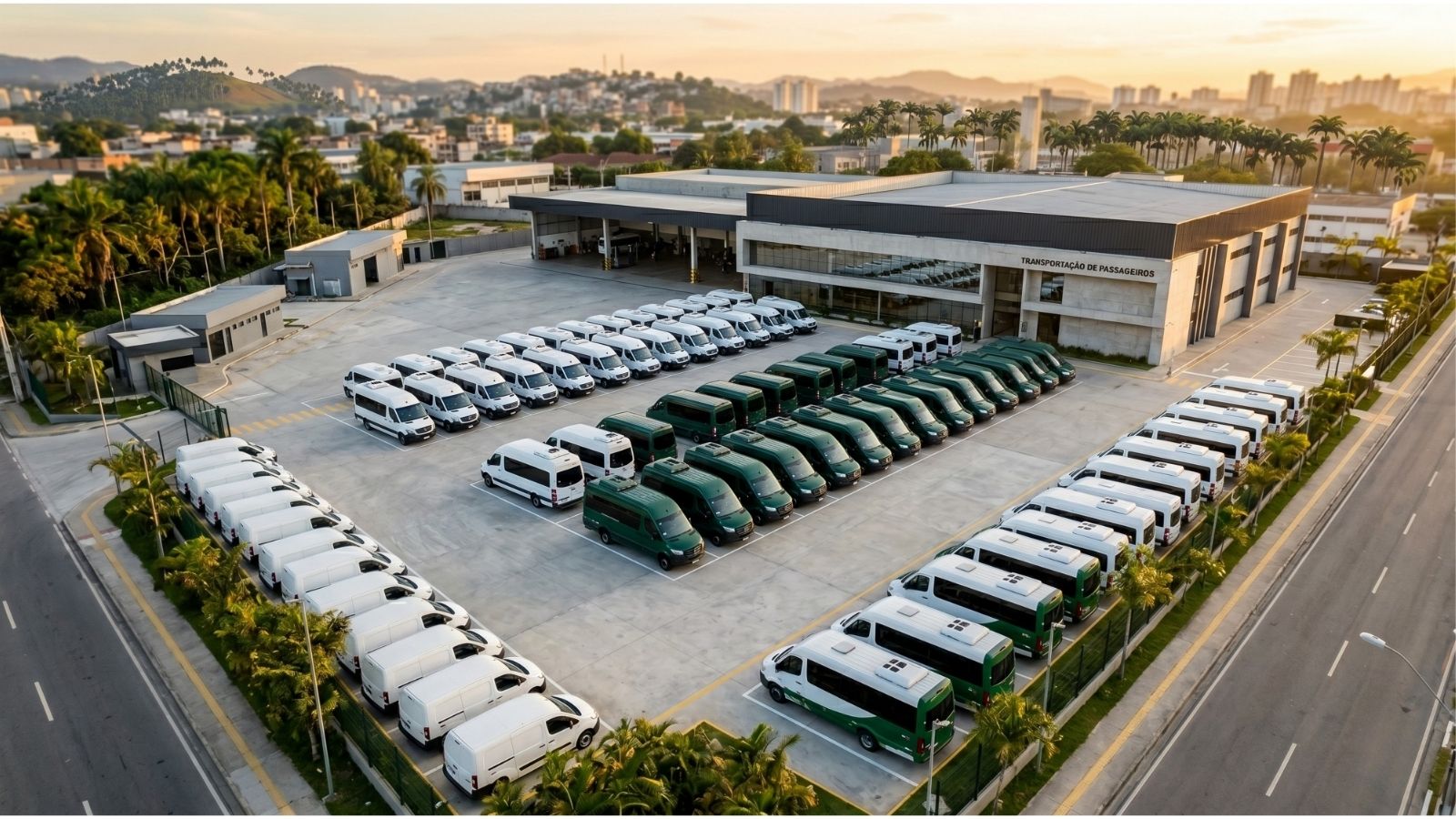 Vista aérea de uma frota de vans de turismo estacionados em garagem, capturada em luz dourada do amanhecer